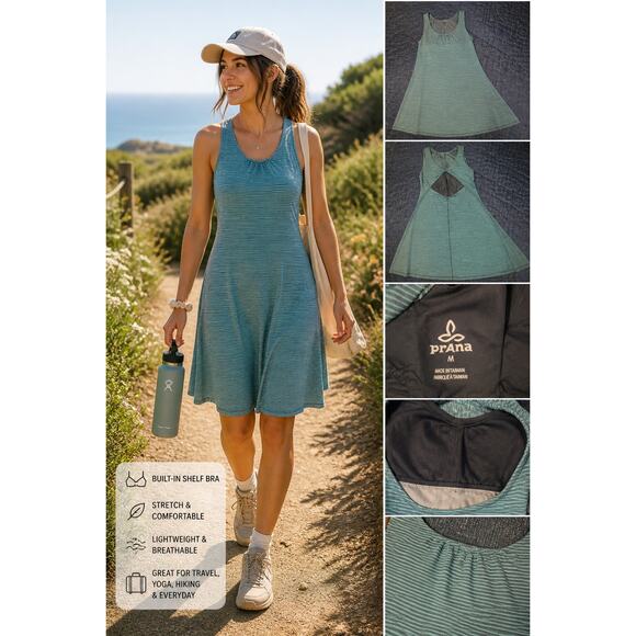 Prana Dresses & Skirts - prAna Skypath Dress M Teal Gray Stripe Built In Bra Midi Active Outdooor